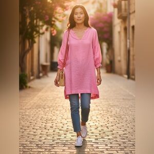 NWOT BEAUTIFUL PINK LINEN FLOWY ROMANTIC TUNIC SHORT DRESS COVER UP